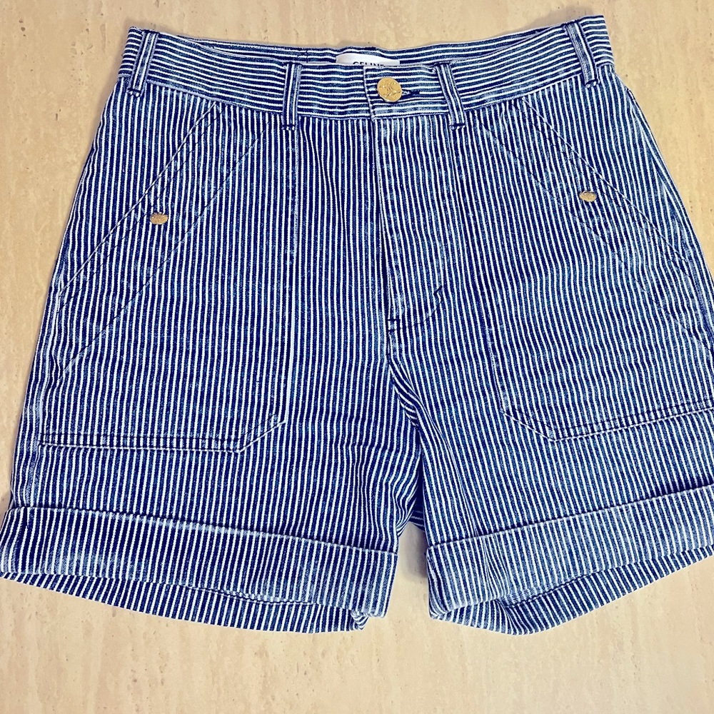 Celine Striped High-Rise Shorts in Blue Cotton Denim
